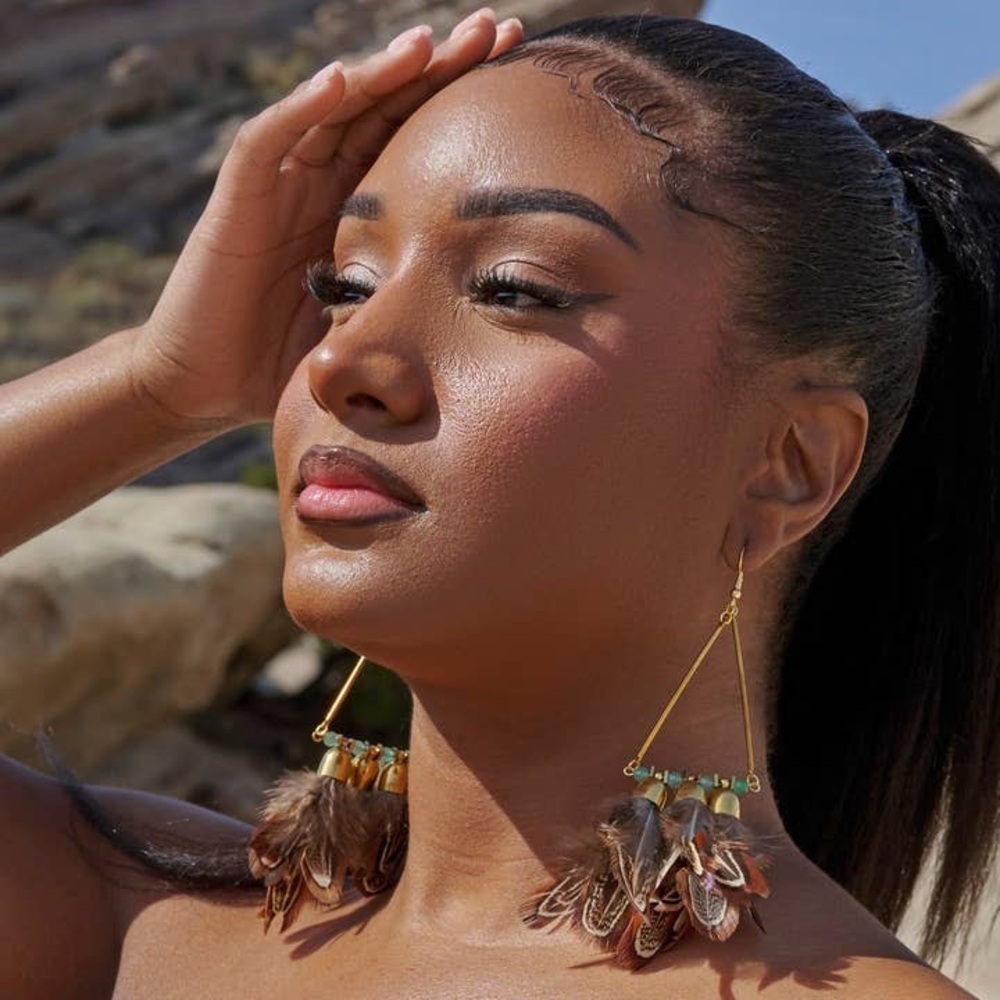 Bohemian Feather Drop Earrings - Gold and Brown